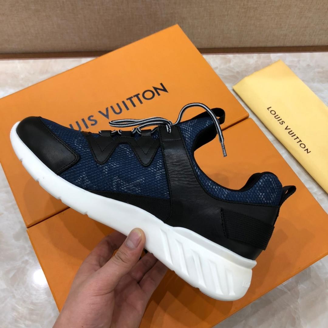 lv Perfect Quality Sneakers Blue Monogram and Black Leather Details with White Sole MS071125