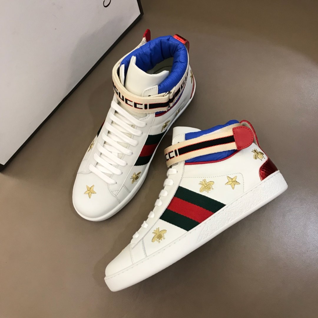 Gucci High-top High Quality Sneakers White and gold bee embroidery with white sole MS021164