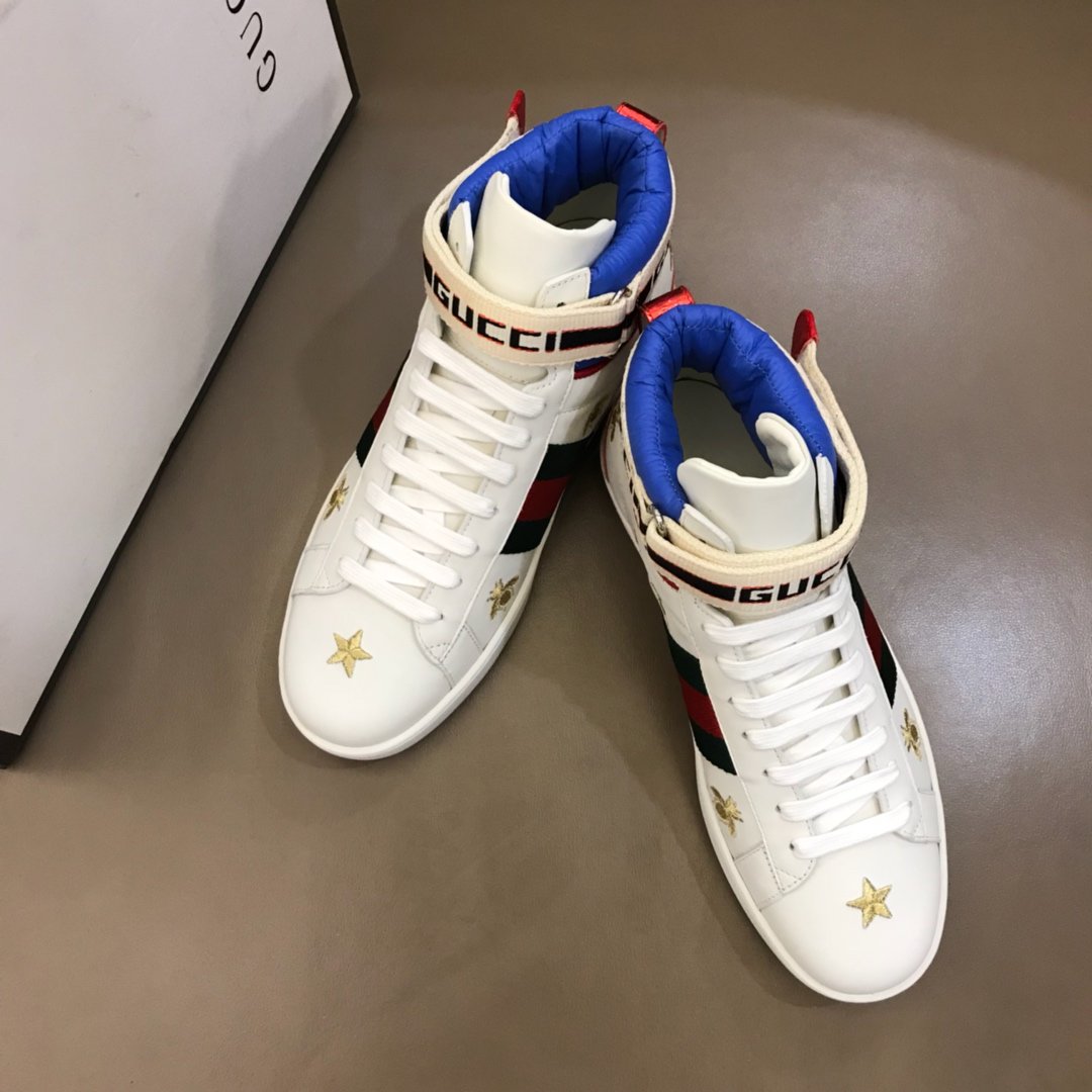 Gucci High-top High Quality Sneakers White and gold bee embroidery with white sole MS021164