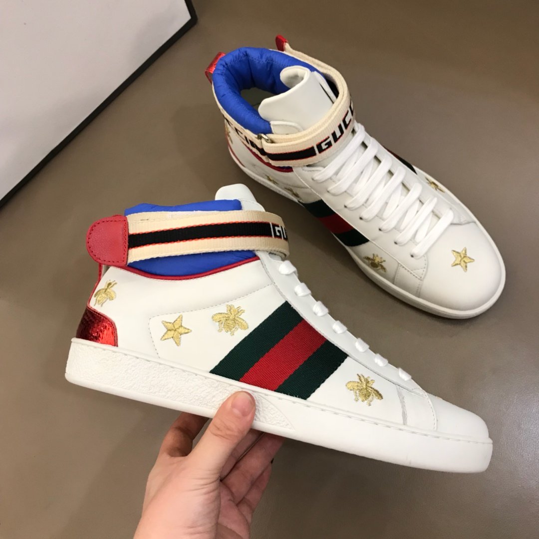 Gucci High-top High Quality Sneakers White and gold bee embroidery with white sole MS021164