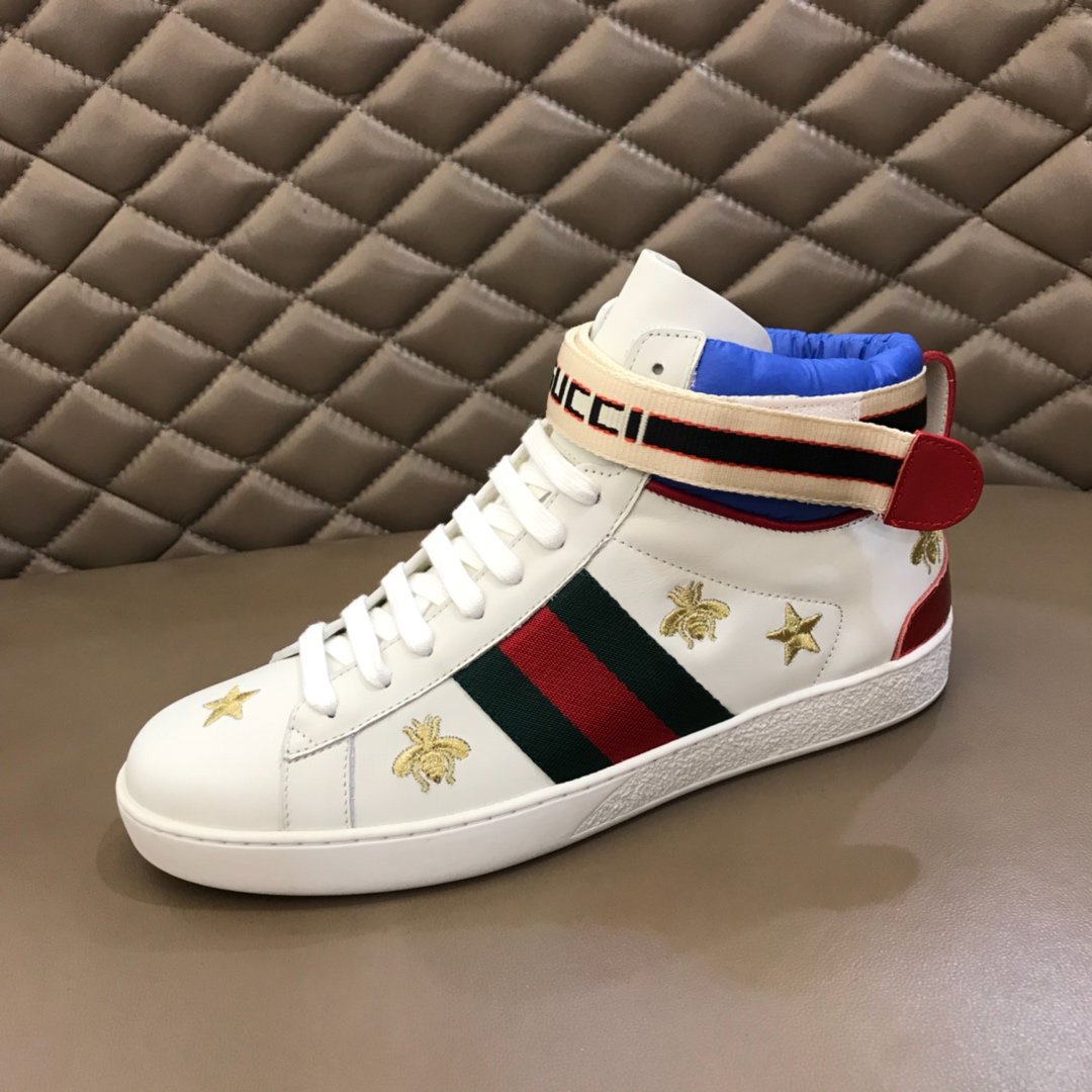 Gucci High-top High Quality Sneakers White and gold bee embroidery with white sole MS021164