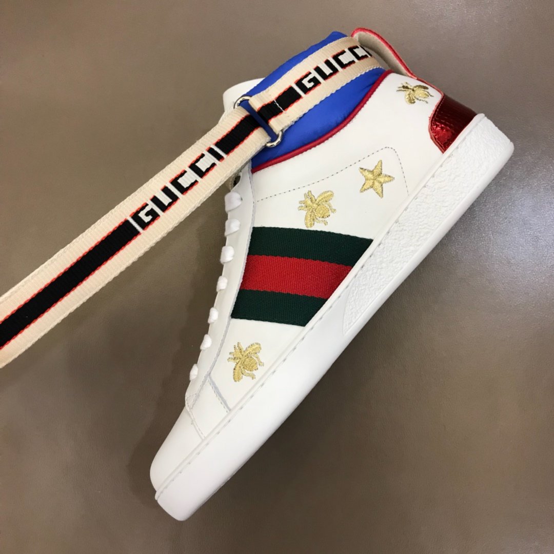 Gucci High-top High Quality Sneakers White and gold bee embroidery with white sole MS021164