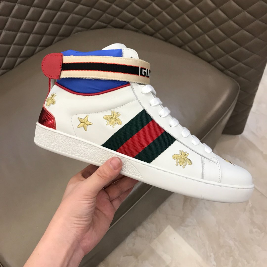 Gucci High-top High Quality Sneakers White and gold bee embroidery with white sole MS021164