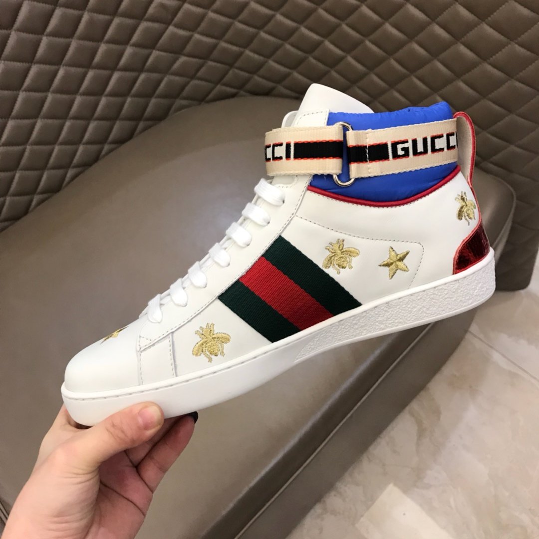 Gucci High-top High Quality Sneakers White and gold bee embroidery with white sole MS021164