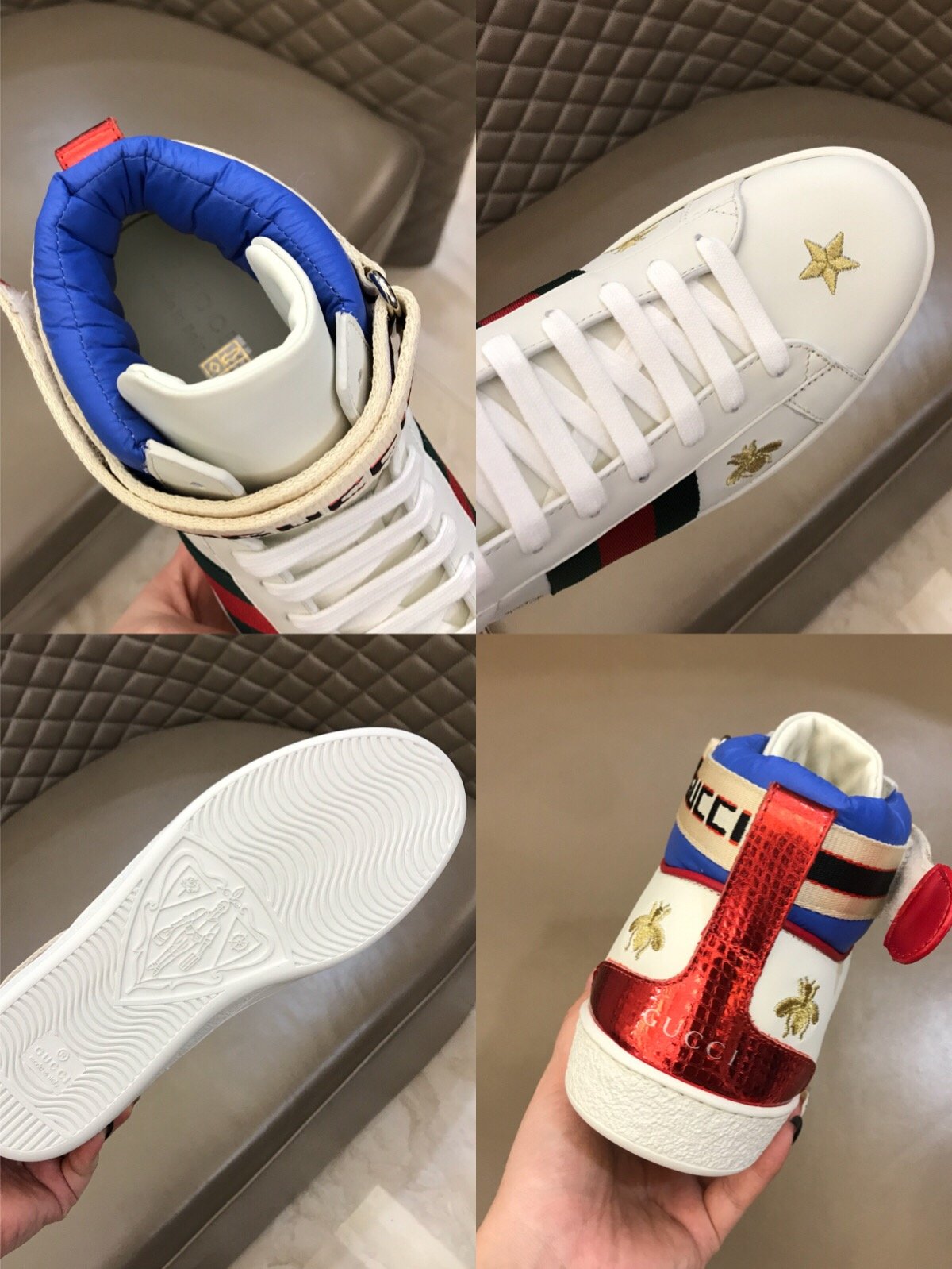 Gucci High-top High Quality Sneakers White and gold bee embroidery with white sole MS021164