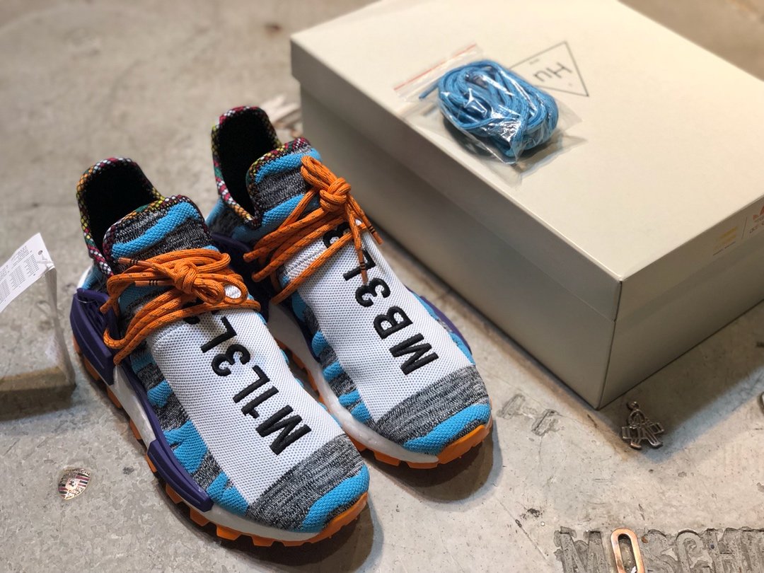 High Quality Retail version Pharrell x Adidas NMD Hu “Solar Pack” Hi-Res Aqua/Core Black BB9528 with fish scale ready