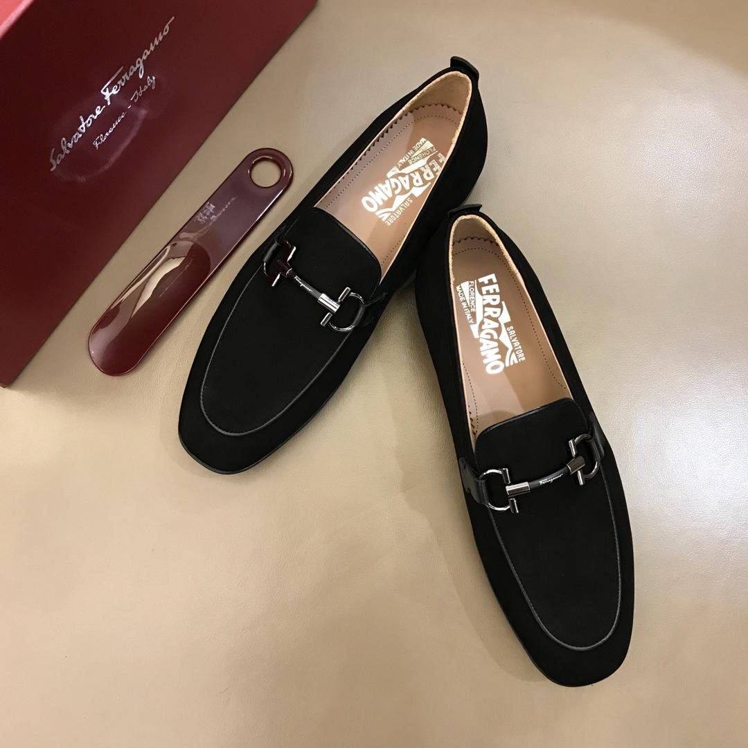 Salvatore Ferragamo Black Suede leather Fashion Perfect Quality Loafers With Sliver Buckle MS02984