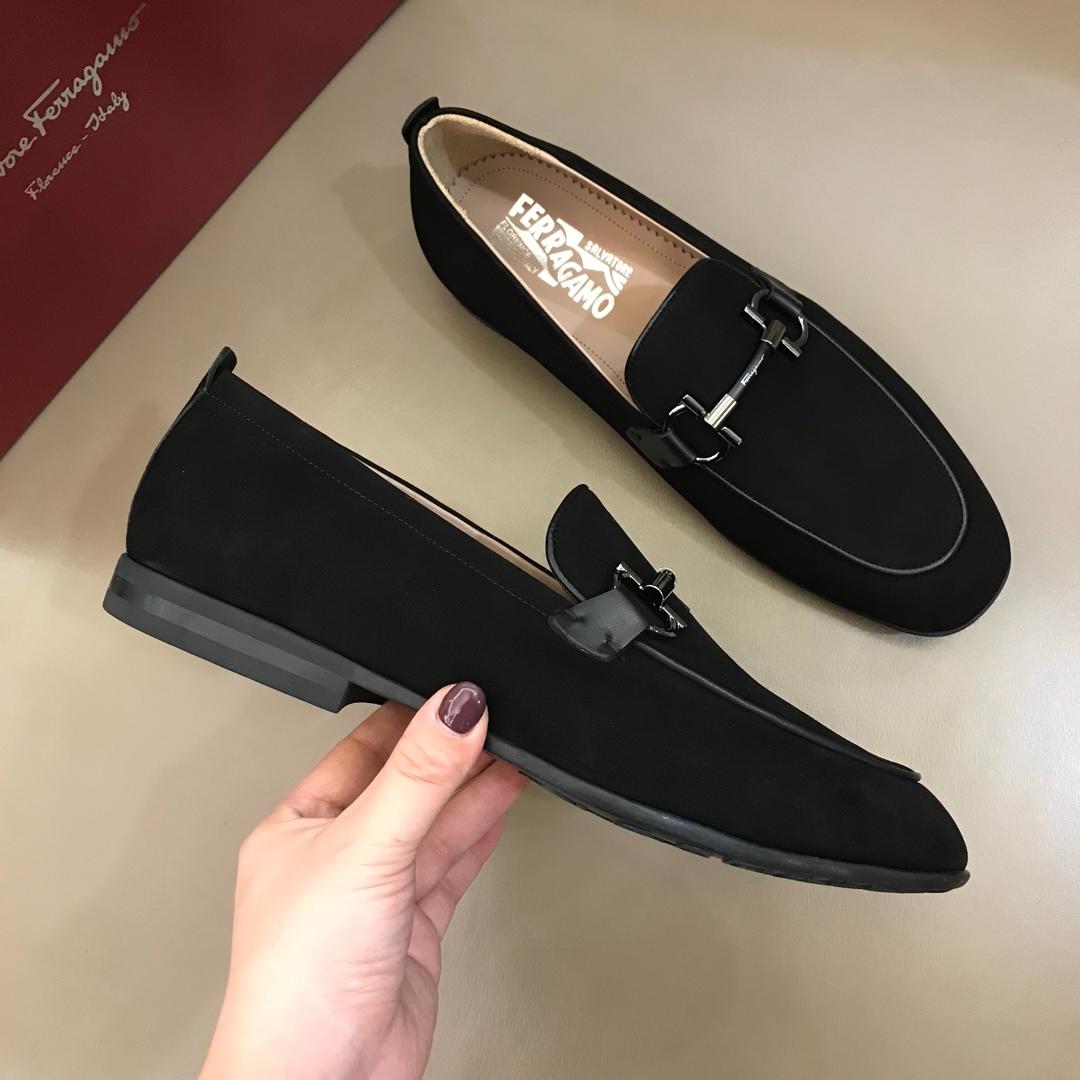 Salvatore Ferragamo Black Suede leather Fashion Perfect Quality Loafers With Sliver Buckle MS02984