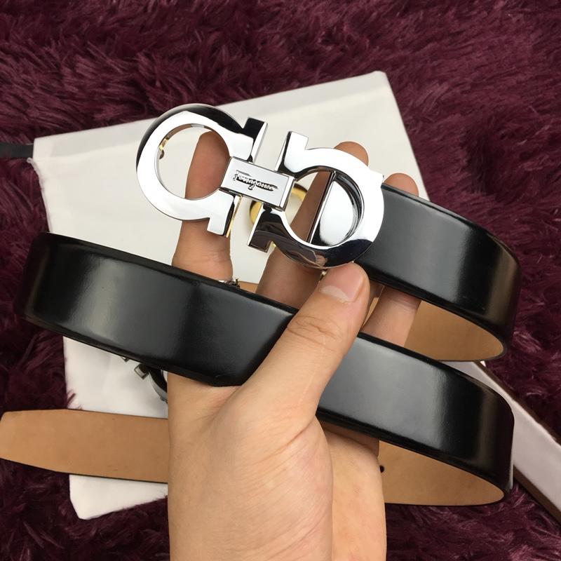 Silver Ferragamo shiny black leather belt ASS02161