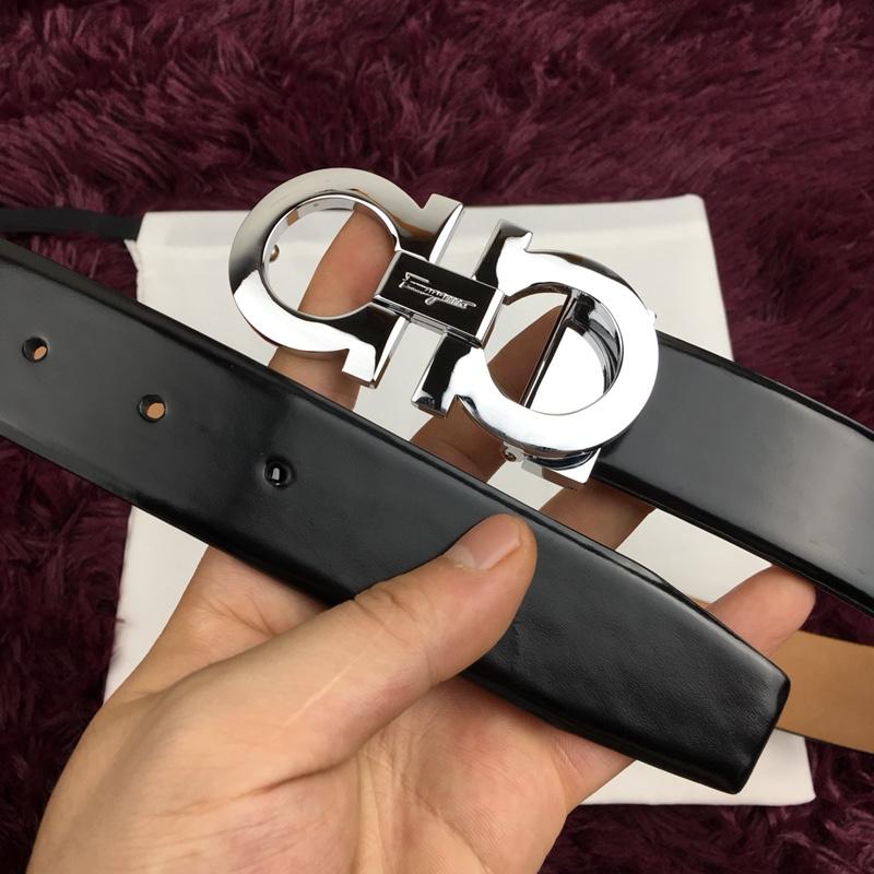 Silver Ferragamo shiny black leather belt ASS02161