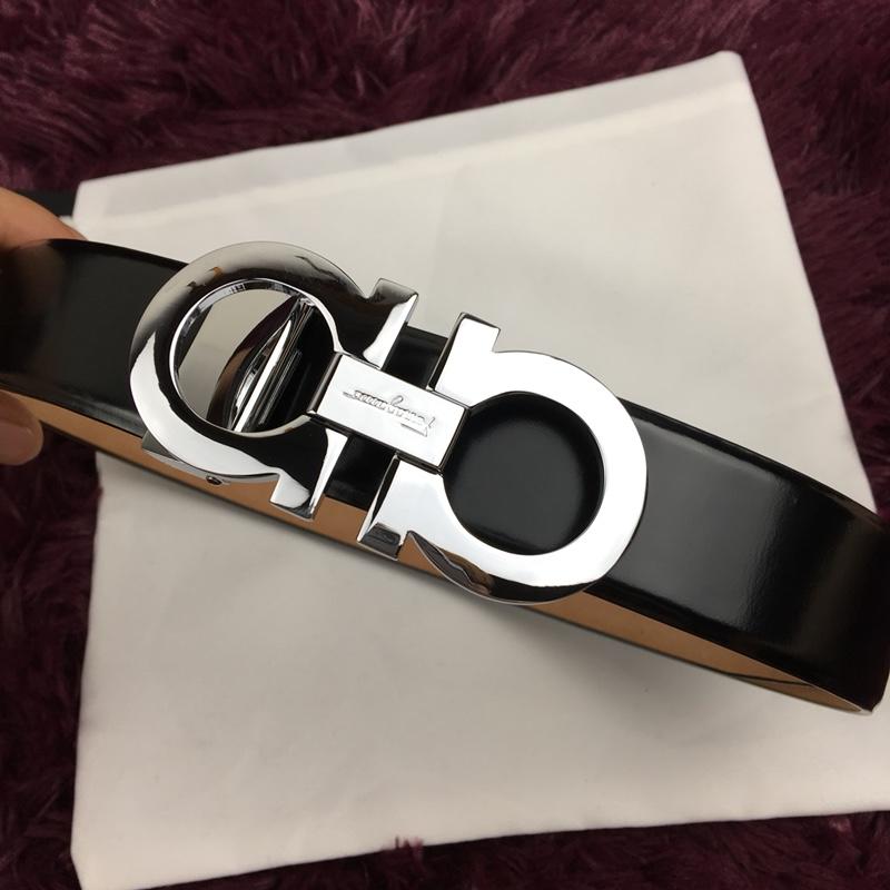 Silver Ferragamo shiny black leather belt ASS02161