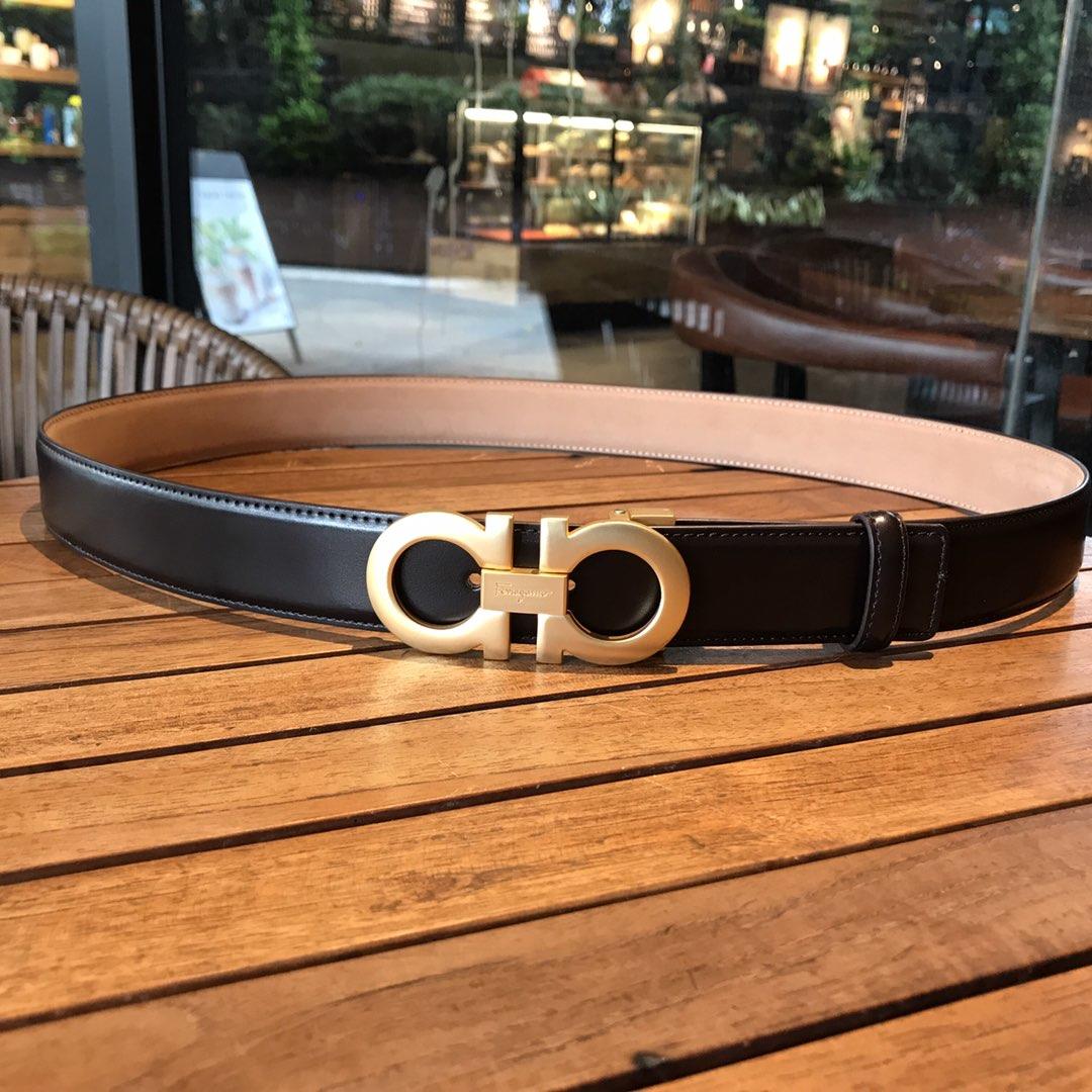 Shiny black leather Ferragamo gold belt ASS02143
