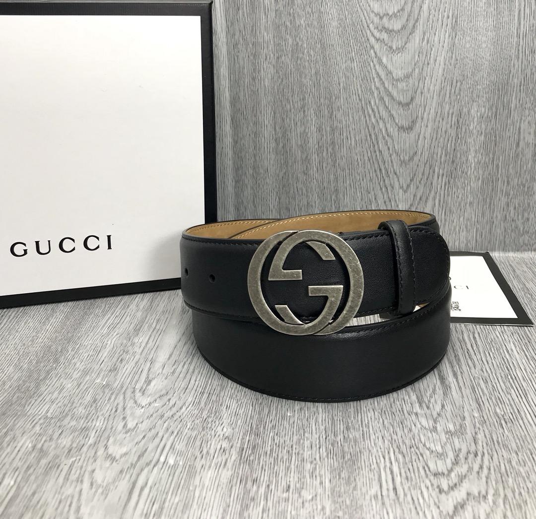 Interlocking G Gucci black buckle silver belt ASS02335