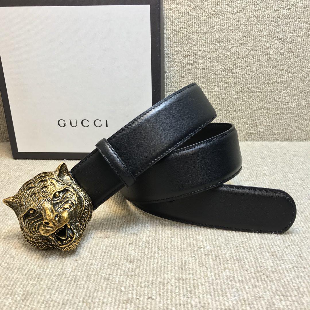 Gucci Lion Gold Buckle Black leather belt ASS02360
