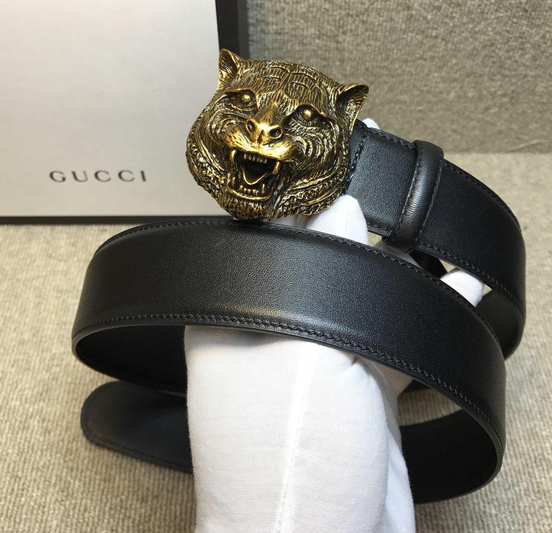 Gucci Lion Gold Buckle Black leather belt ASS02360