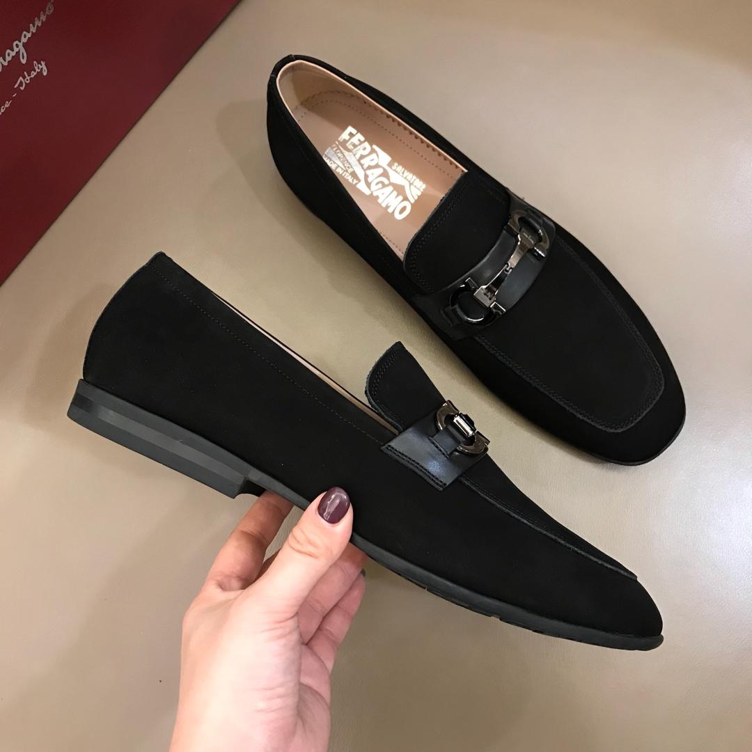 Salvatore Ferragamo Black Suede leather Fashion Perfect Quality Loafers With Sliver Buckle MS02989