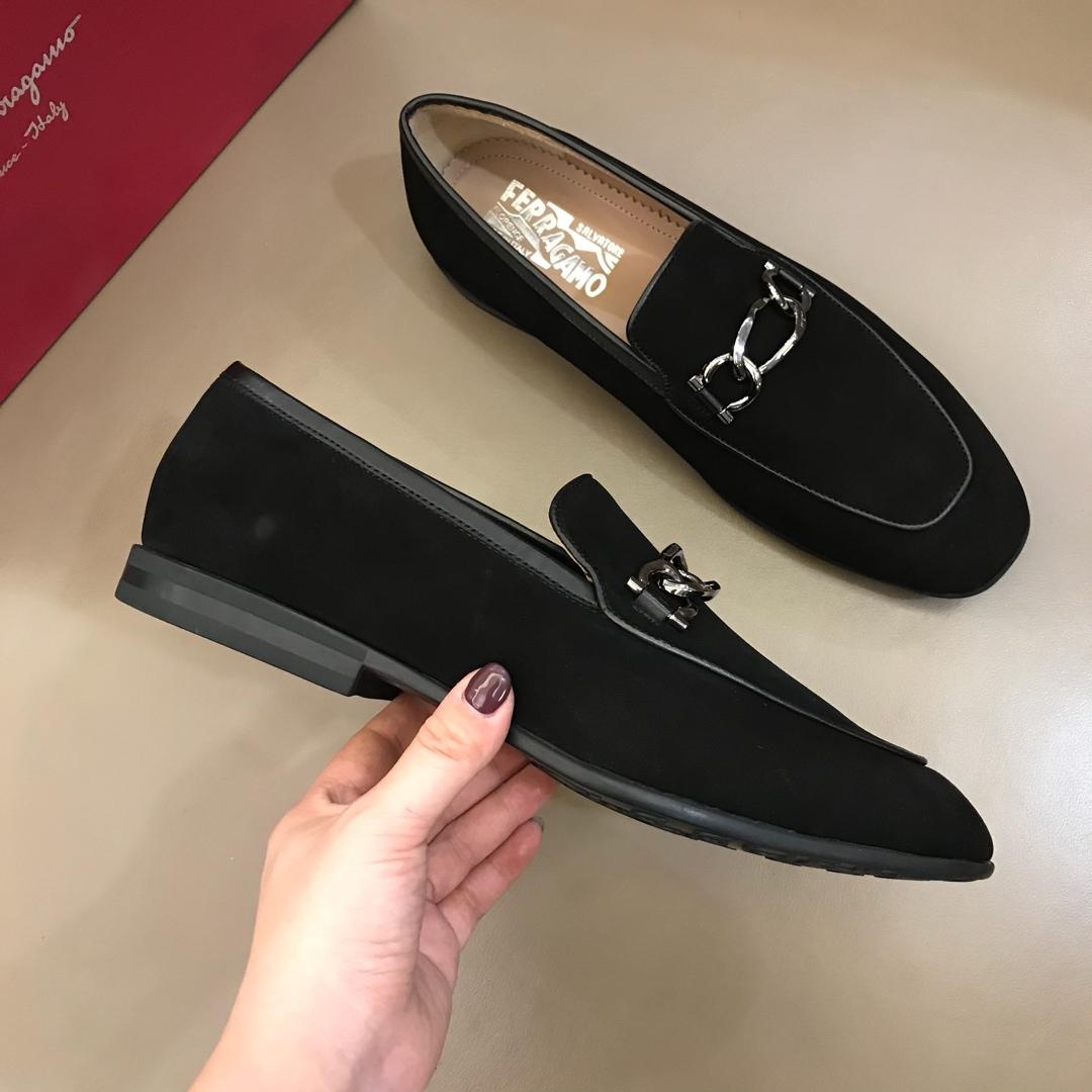 Salvatore Ferragamo Black Suede leather Fashion Perfect Quality Loafers With Sliver Buckle MS02982