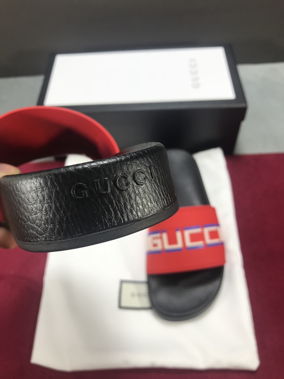 High Quality Gucci slide sandal red rubber with red and black Gucci stripe GO_GC046