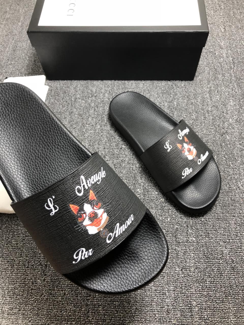 High Quality Gucci Black slide sandal With White rubber and Dog Design GO_GC036