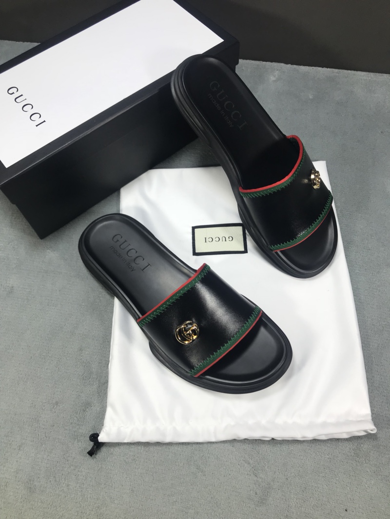 High Quality Gucci Black Leather slide sandal With GG GO_GC022