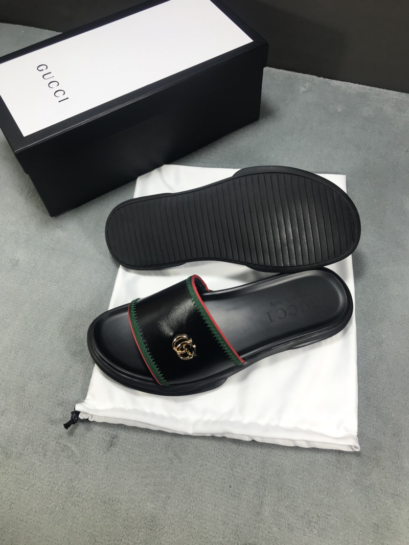 High Quality Gucci Black Leather slide sandal With GG GO_GC022