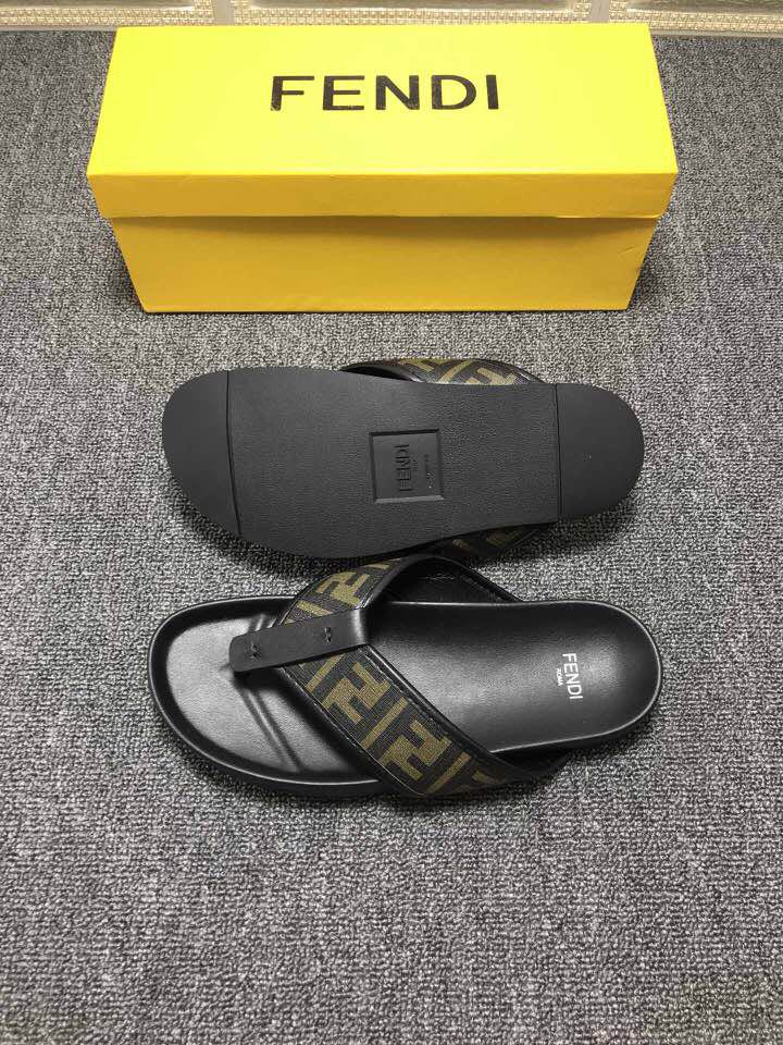 High Quality Fendi Black leather slides slide sandal with all-over FF pattern GO_FD010