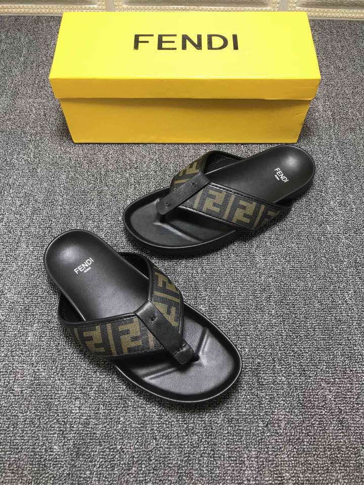 High Quality Fendi Black leather slides slide sandal with all-over FF pattern GO_FD010