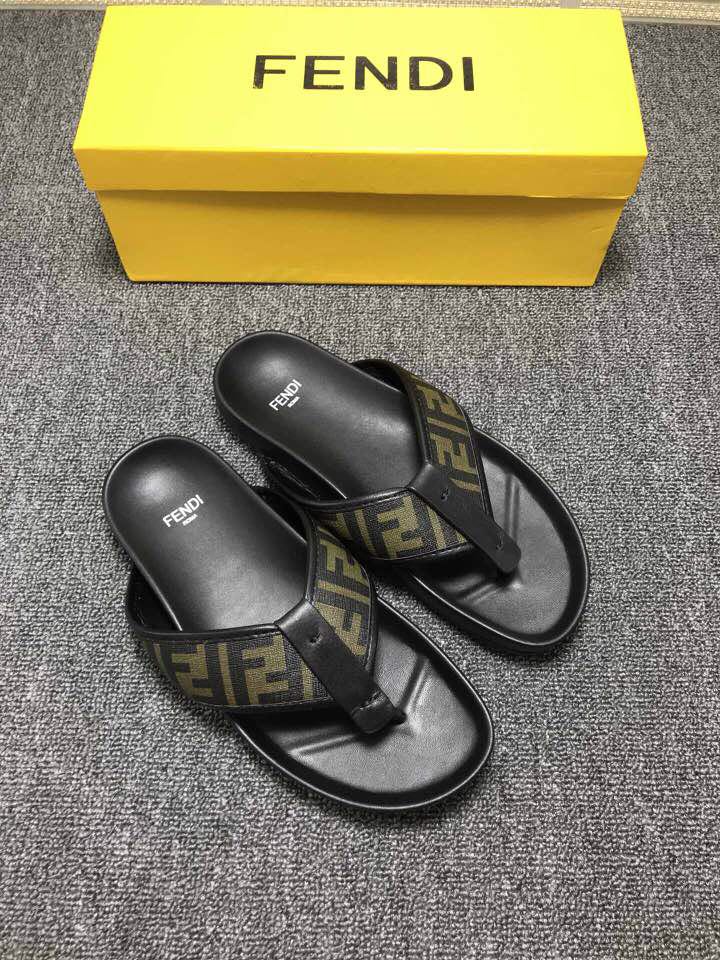High Quality Fendi Black leather slides slide sandal with all-over FF pattern GO_FD010