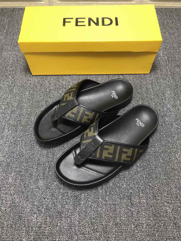 High Quality Fendi Black leather slides slide sandal with all-over FF pattern GO_FD010