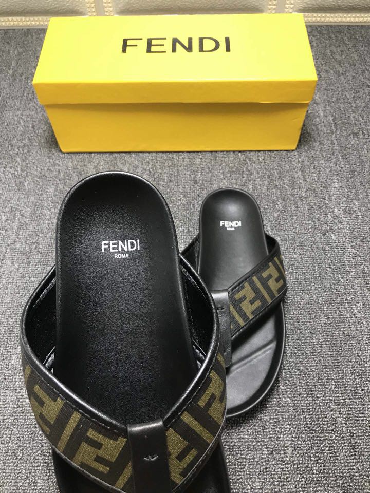 High Quality Fendi Black leather slides slide sandal with all-over FF pattern GO_FD010