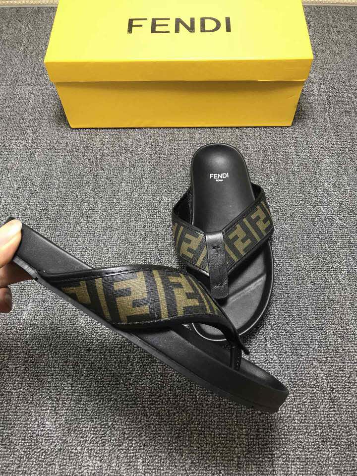 High Quality Fendi Black leather slides slide sandal with all-over FF pattern GO_FD010