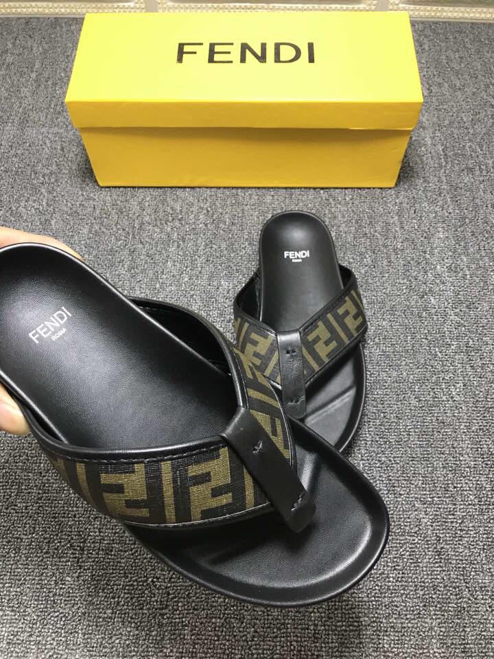 High Quality Fendi Black leather slides slide sandal with all-over FF pattern GO_FD010