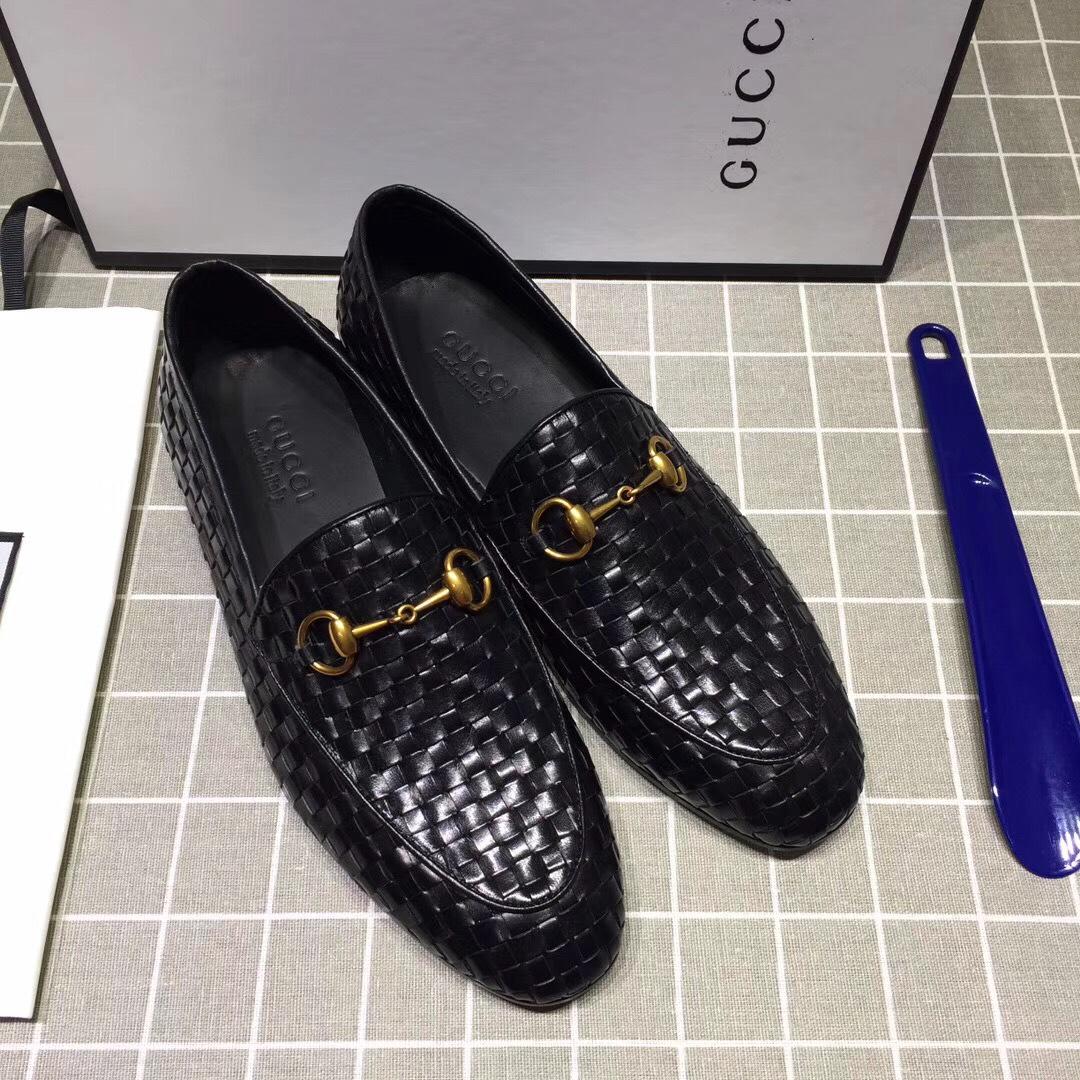 Gucci Black Embossed Grid Perfect Quality Loafers With Golden Buckle MS07583
