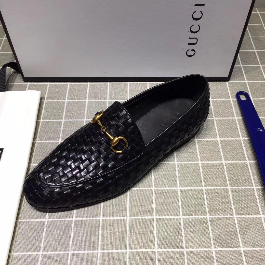 Gucci Black Embossed Grid Perfect Quality Loafers With Golden Buckle MS07583