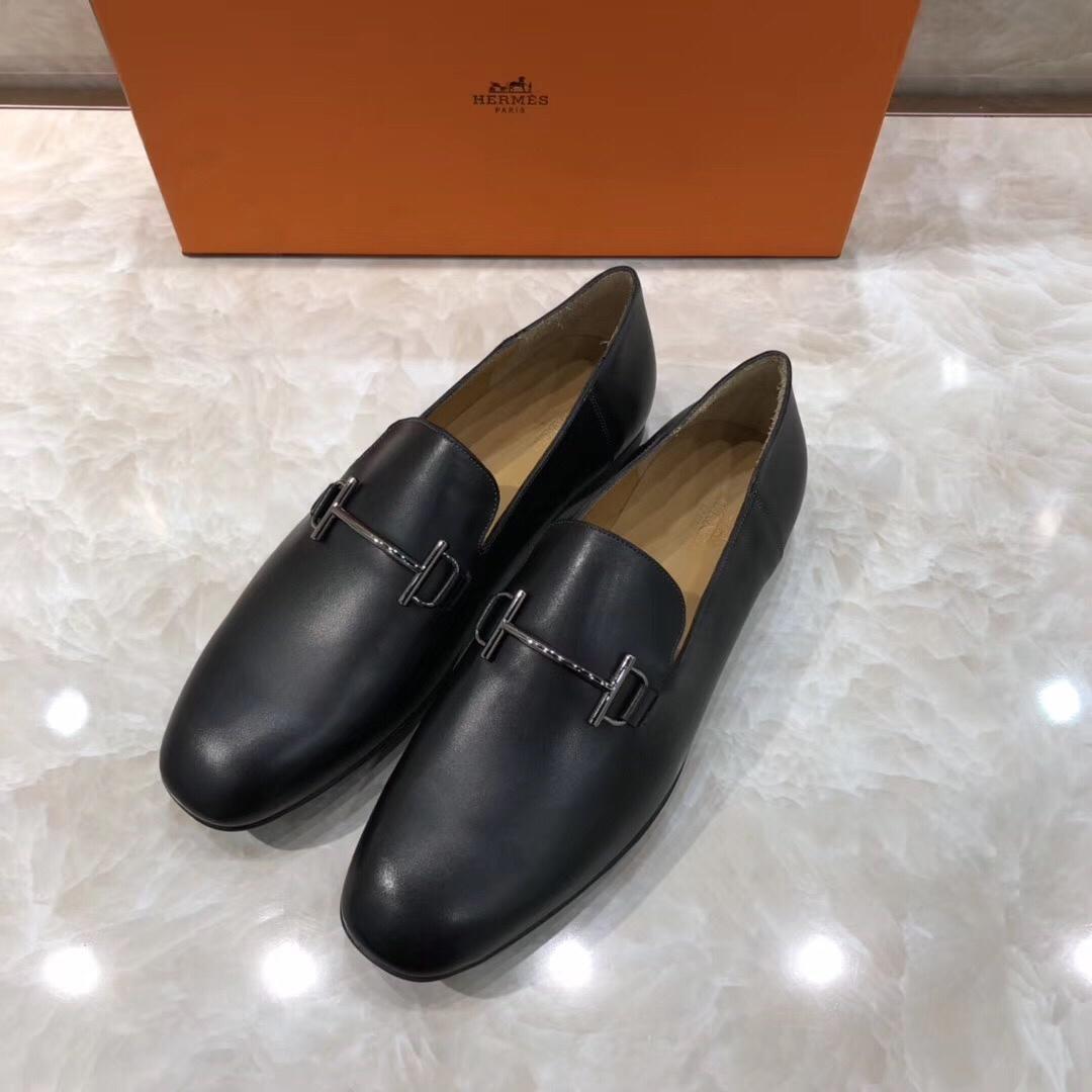 Hermes Black Leather Perfect Quality Loafers With Silver Buckle MS07792