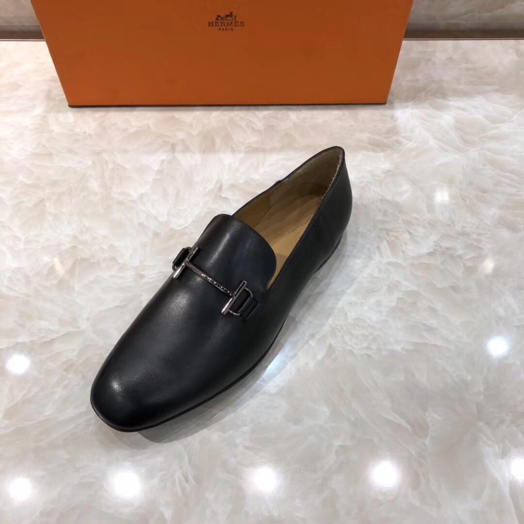 Hermes Black Leather Perfect Quality Loafers With Silver Buckle MS07792