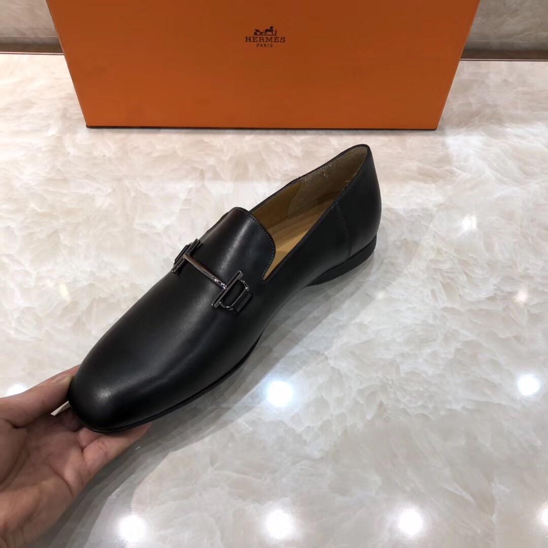 Hermes Black Leather Perfect Quality Loafers With Silver Buckle MS07792