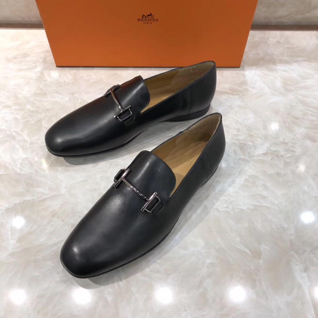 Hermes Black Leather Perfect Quality Loafers With Silver Buckle MS07792