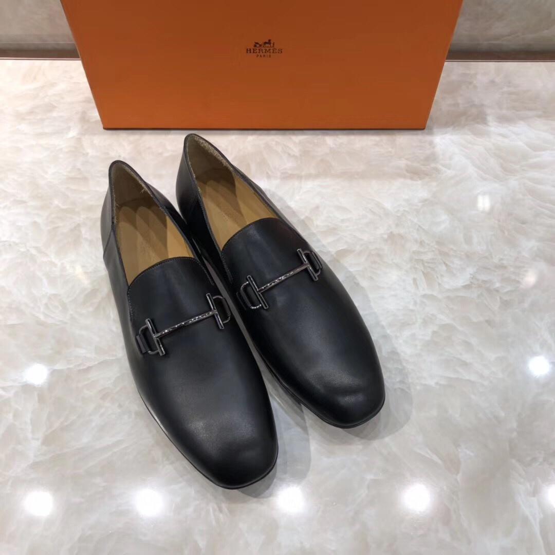 Hermes Black Leather Perfect Quality Loafers With Silver Buckle MS07792