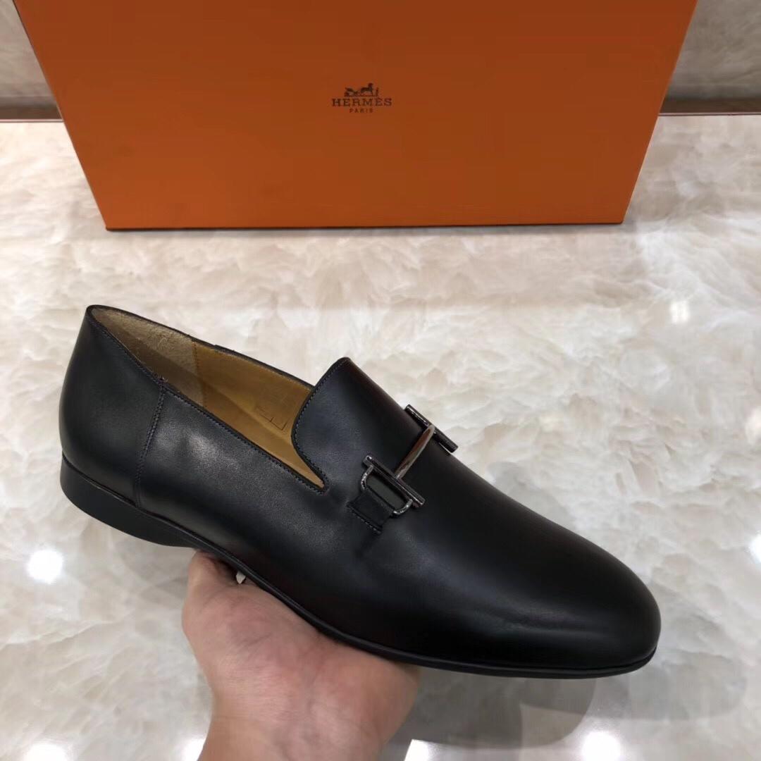 Hermes Black Leather Perfect Quality Loafers With Silver Buckle MS07792