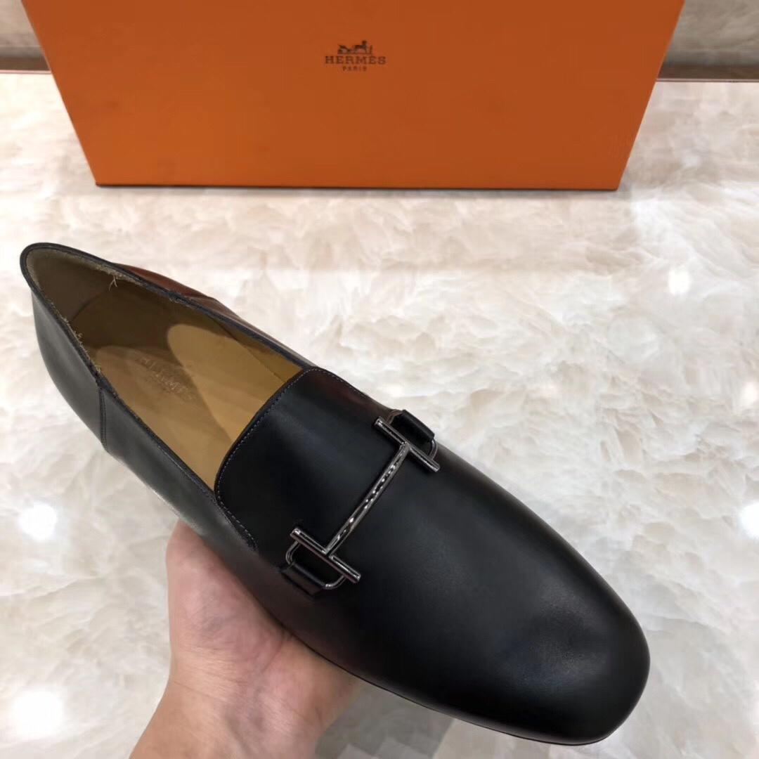 Hermes Black Leather Perfect Quality Loafers With Silver Buckle MS07792