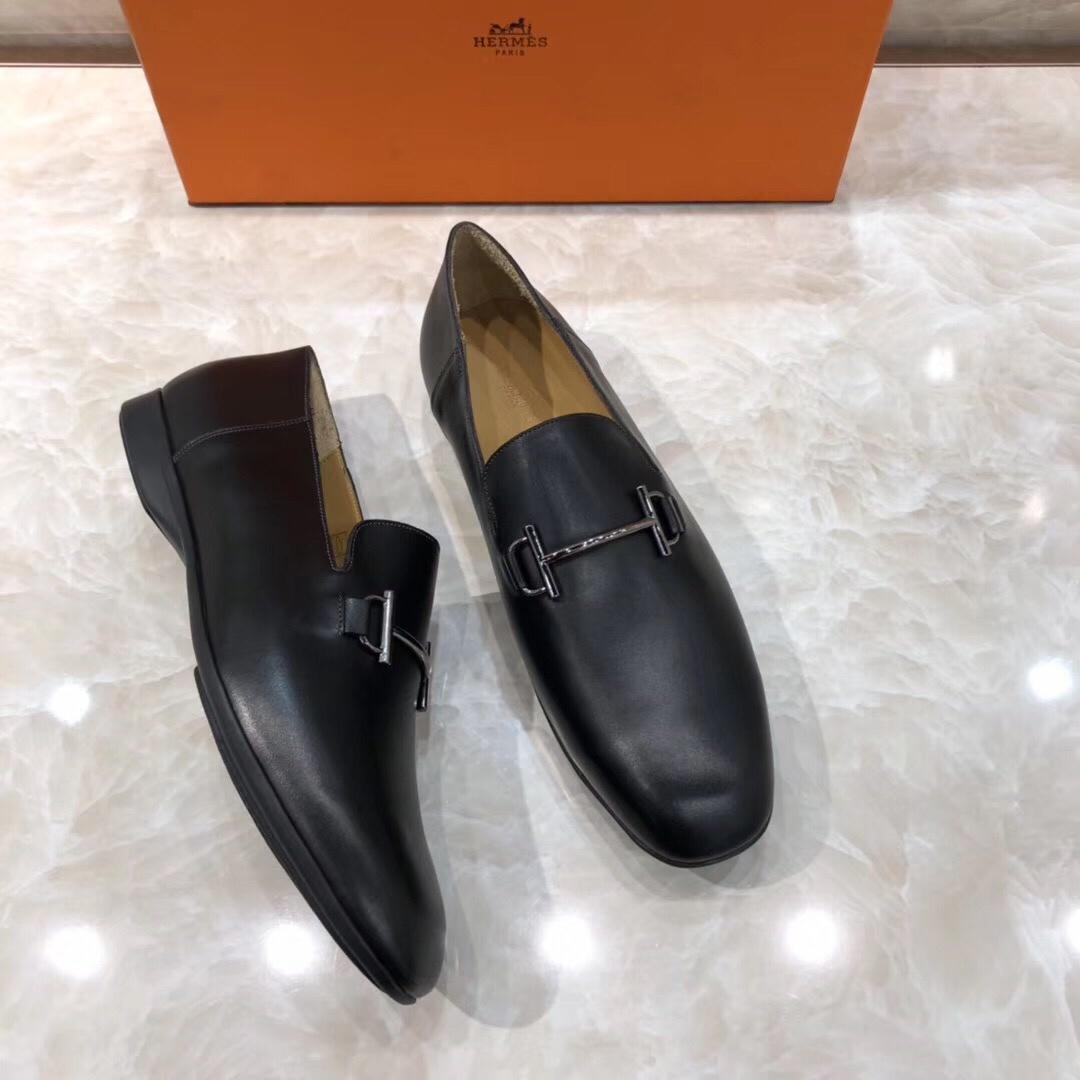 Hermes Black Leather Perfect Quality Loafers With Silver Buckle MS07792