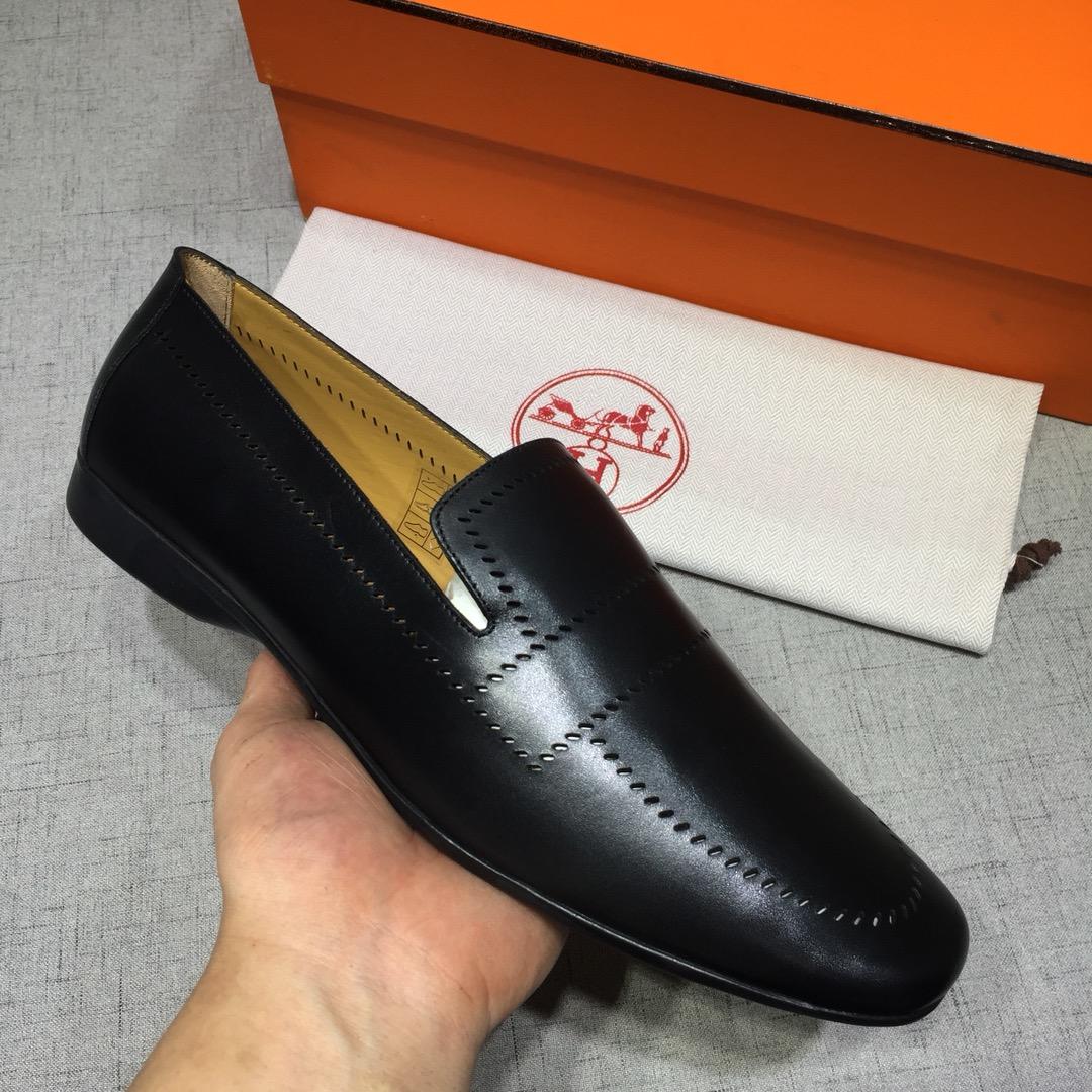 Hermes Black Bringht Leather Perfect Quality Loafers MS07800