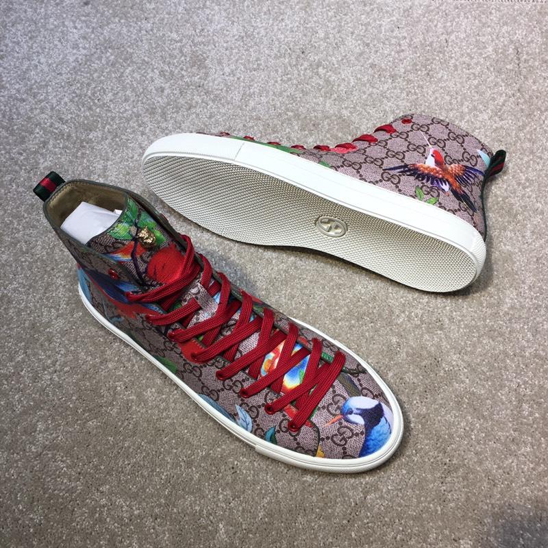 Gucci High Top Sneaker Beige and swallow print withand white sole MS05022