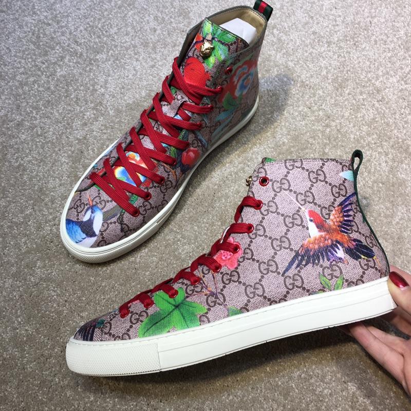 Gucci High Top Sneaker Beige and swallow print withand white sole MS05022