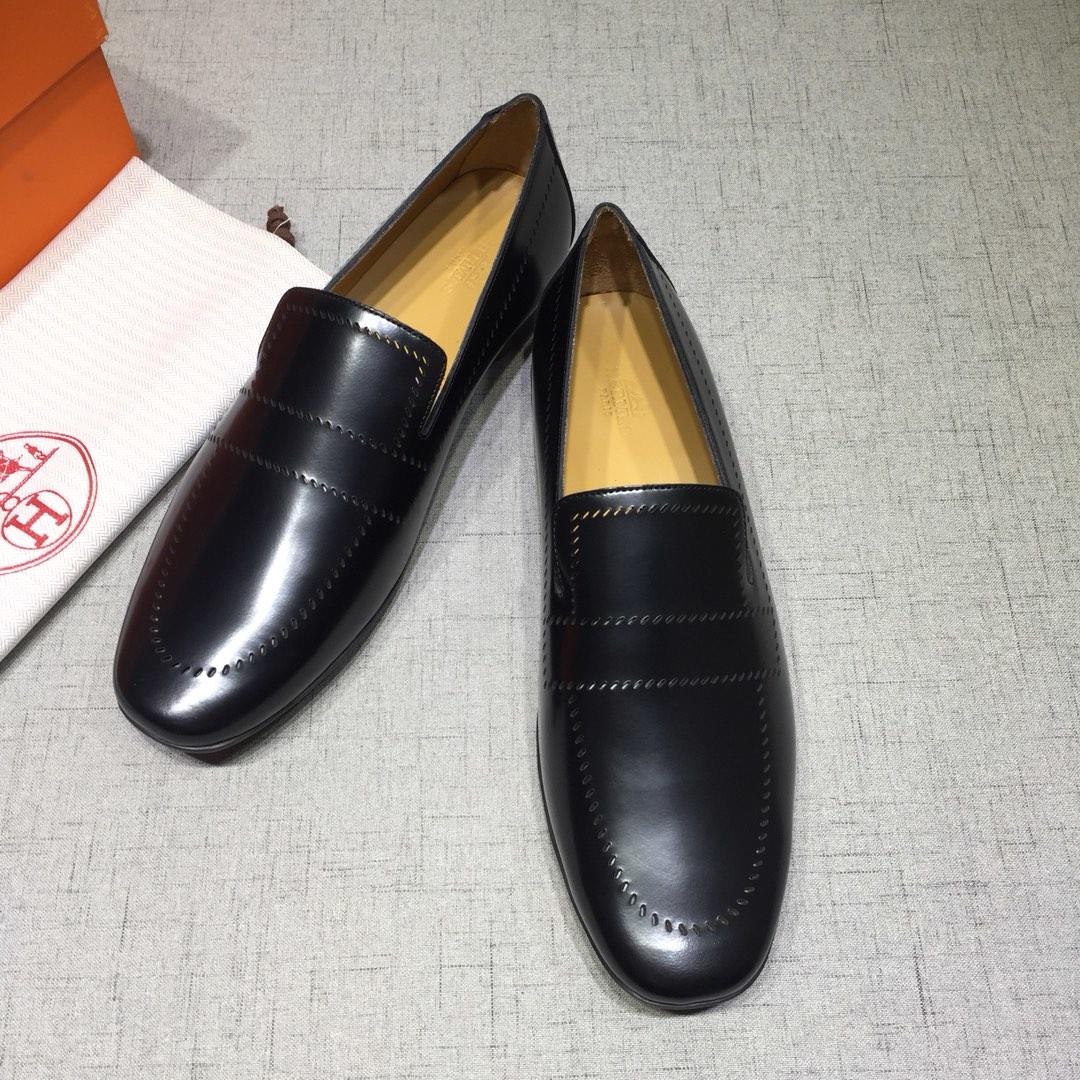 Hermes Black Leather Perfect Quality Loafers MS07799