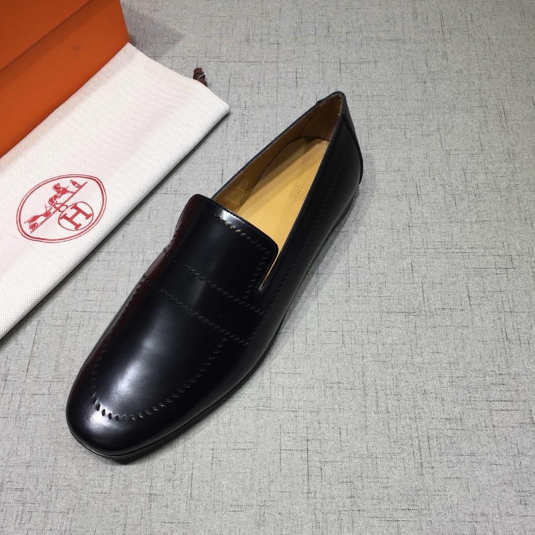 Hermes Black Leather Perfect Quality Loafers MS07799