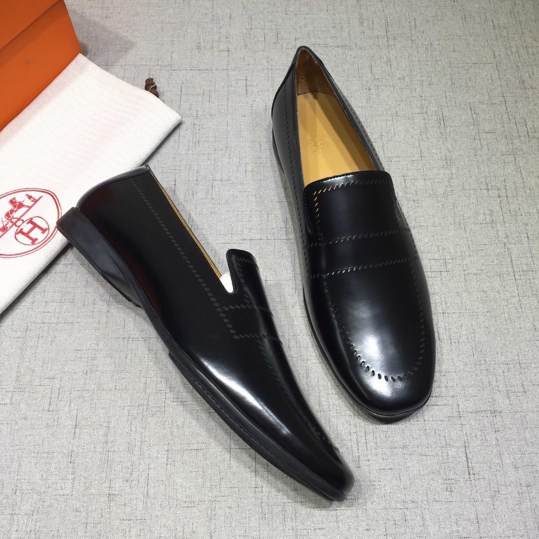 Hermes Black Leather Perfect Quality Loafers MS07799