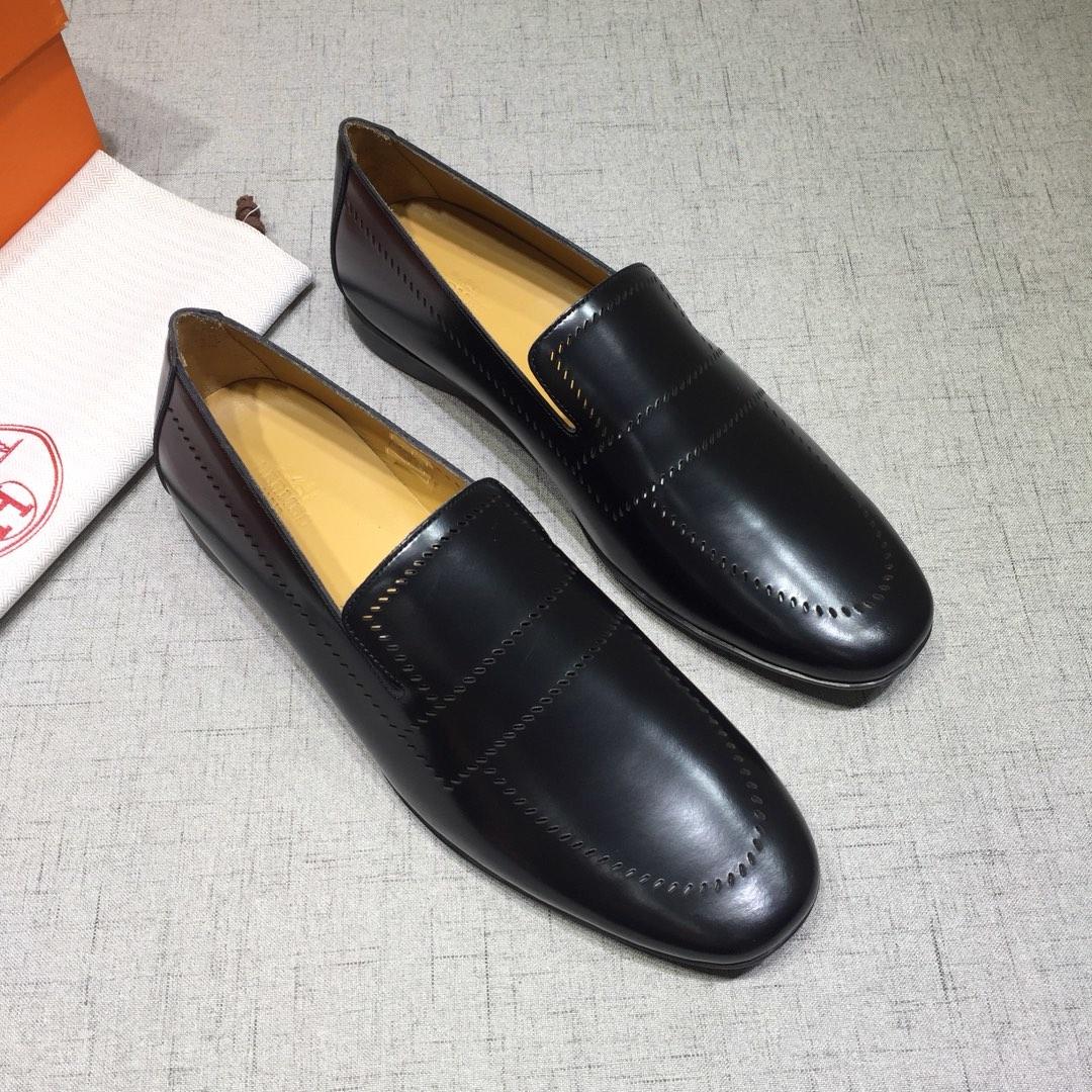 Hermes Black Leather Perfect Quality Loafers MS07799