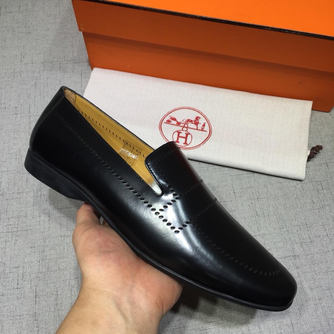 Hermes Black Leather Perfect Quality Loafers MS07799